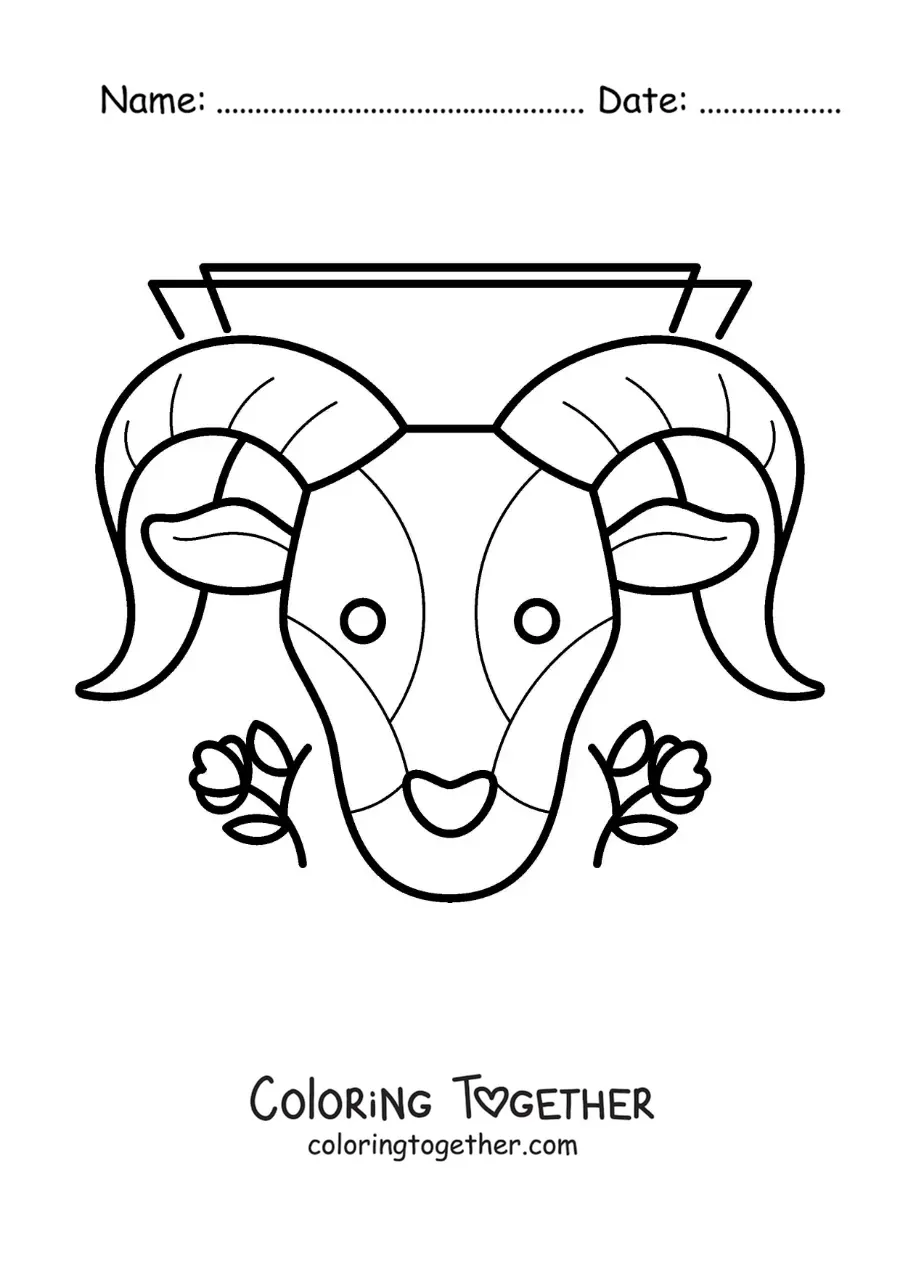 Coloring page of a ram of the Aries zodiac sign with flowers