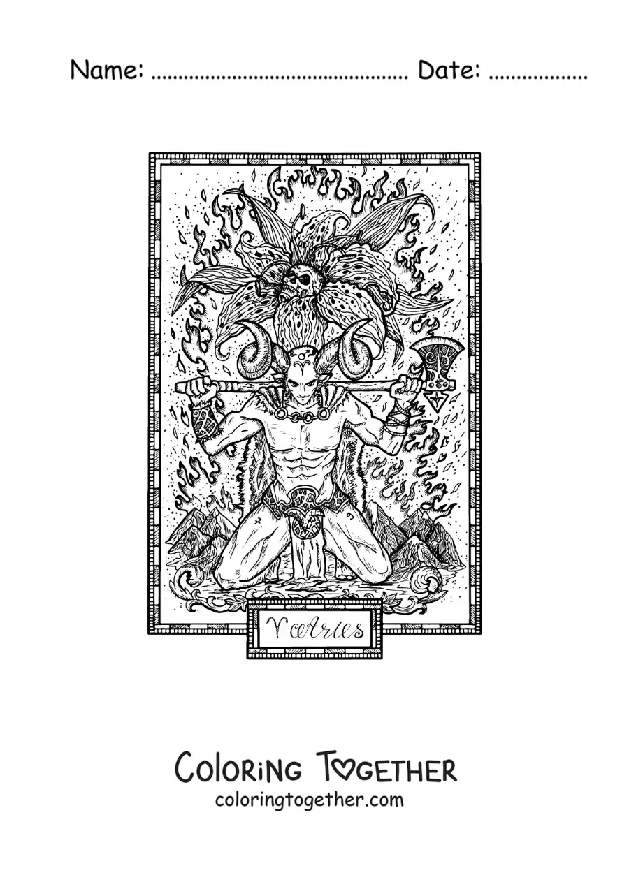 Coloring page of a scary card of the Aries sign