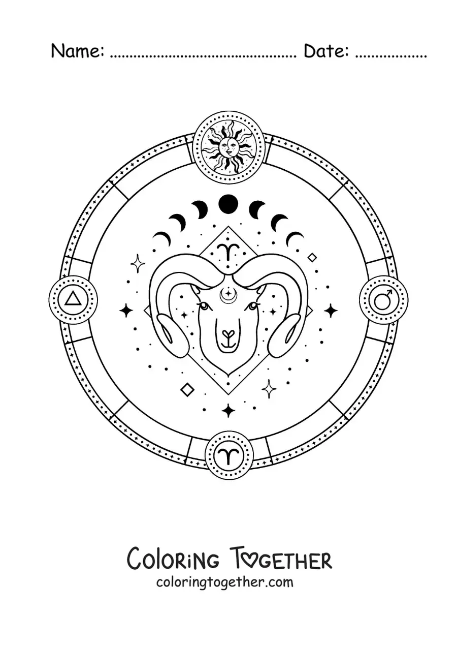 Coloring page of the Aries zodiac sign with its symbol