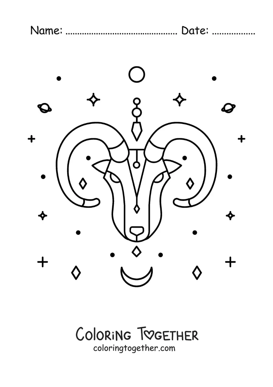 Coloring page of the ram of the Aries sign with stars and planets