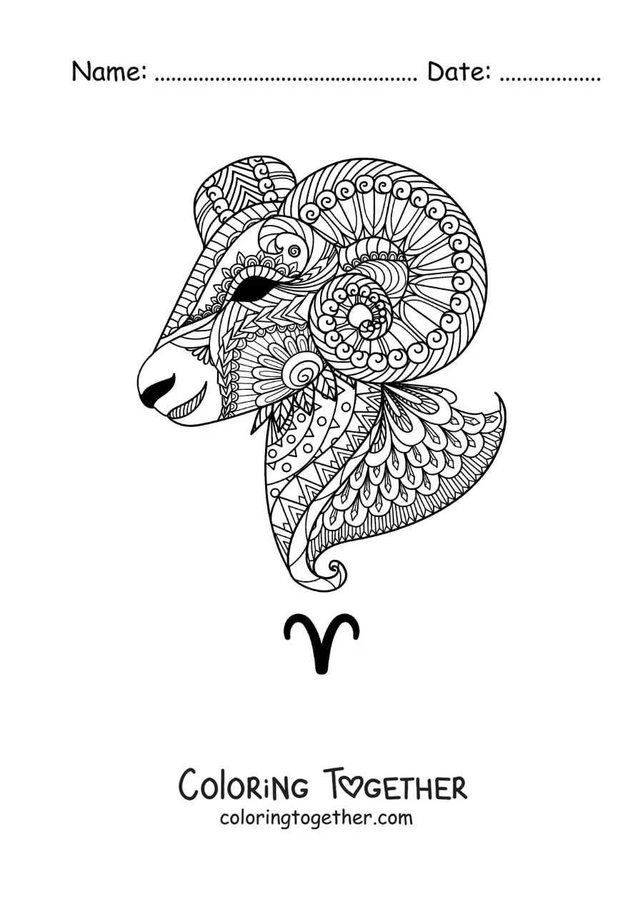 Coloring page of a mandala of the Aries sign