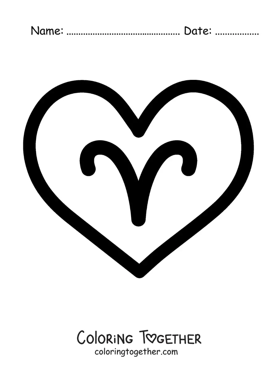 Coloring page of the Aries symbol inside a heart