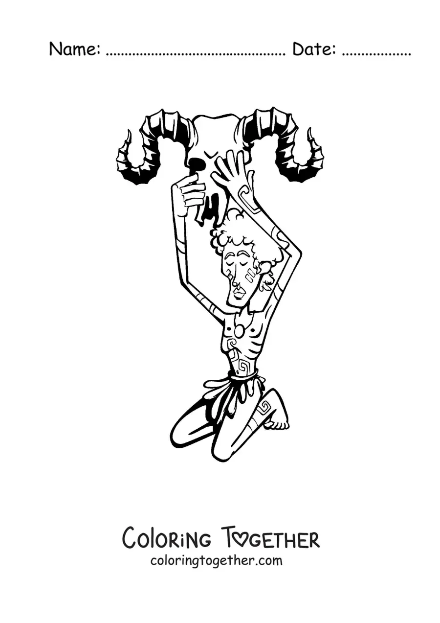 Coloring page of a man with an Aries sign ram, cartoon style