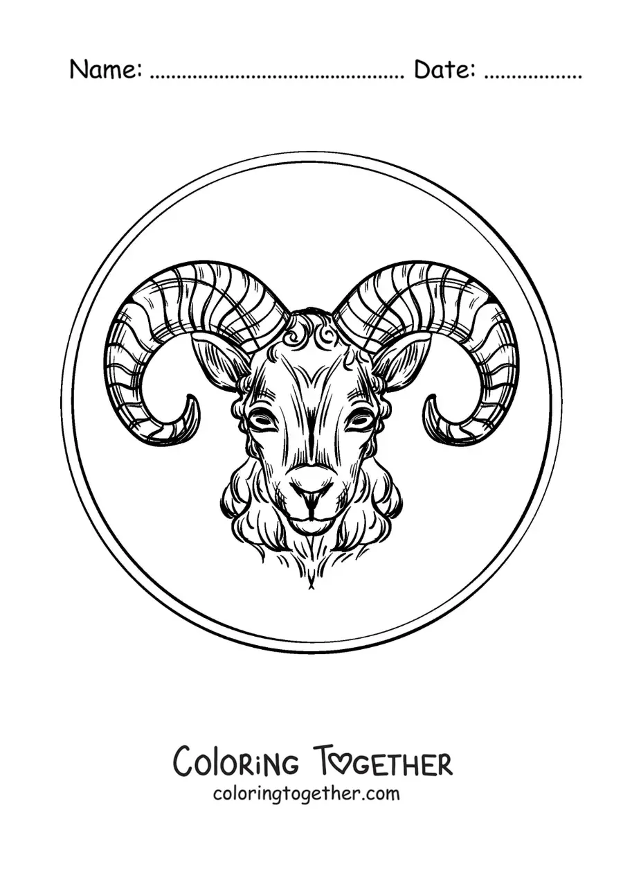 Coloring page of the ram of the Aries sign, realistic style