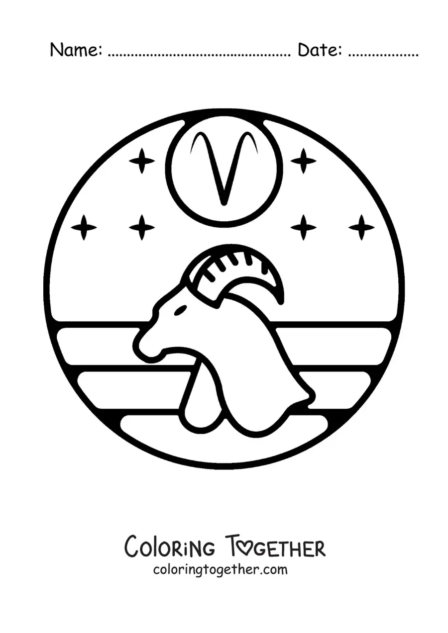 Coloring page of the ram of the Aries sign with its symbol