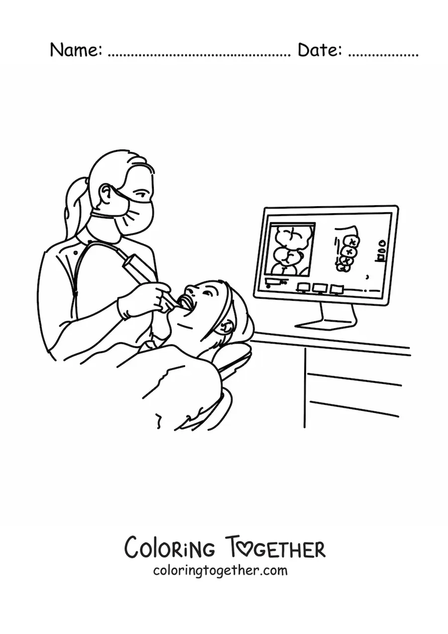 Coloring page of a woman dentist and a patient in the exam chair
