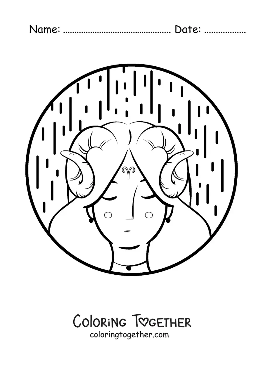 Coloring page of a cartoon Aries sign girl with the Aries symbol
