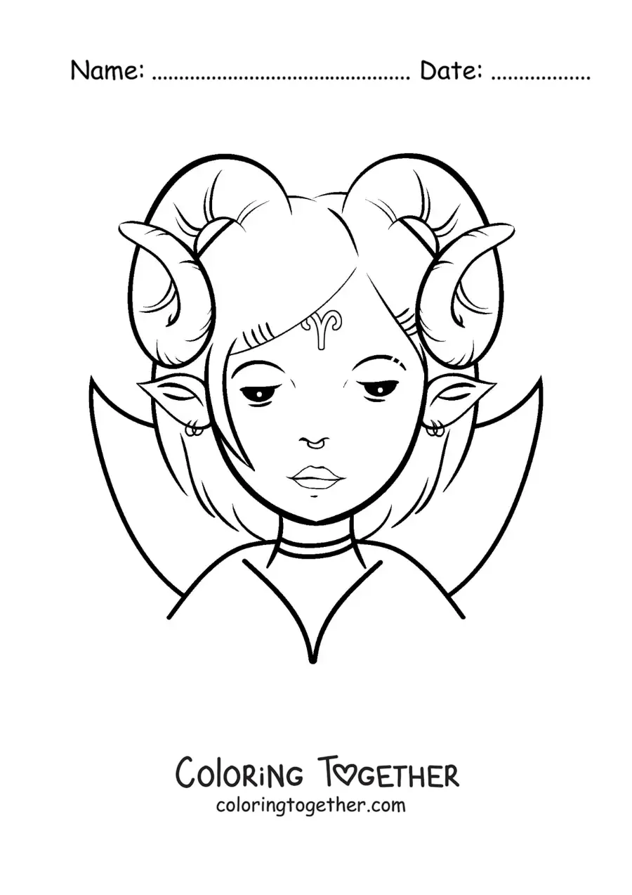 Coloring page of a cartoon Aries sign girl with the ram symbol