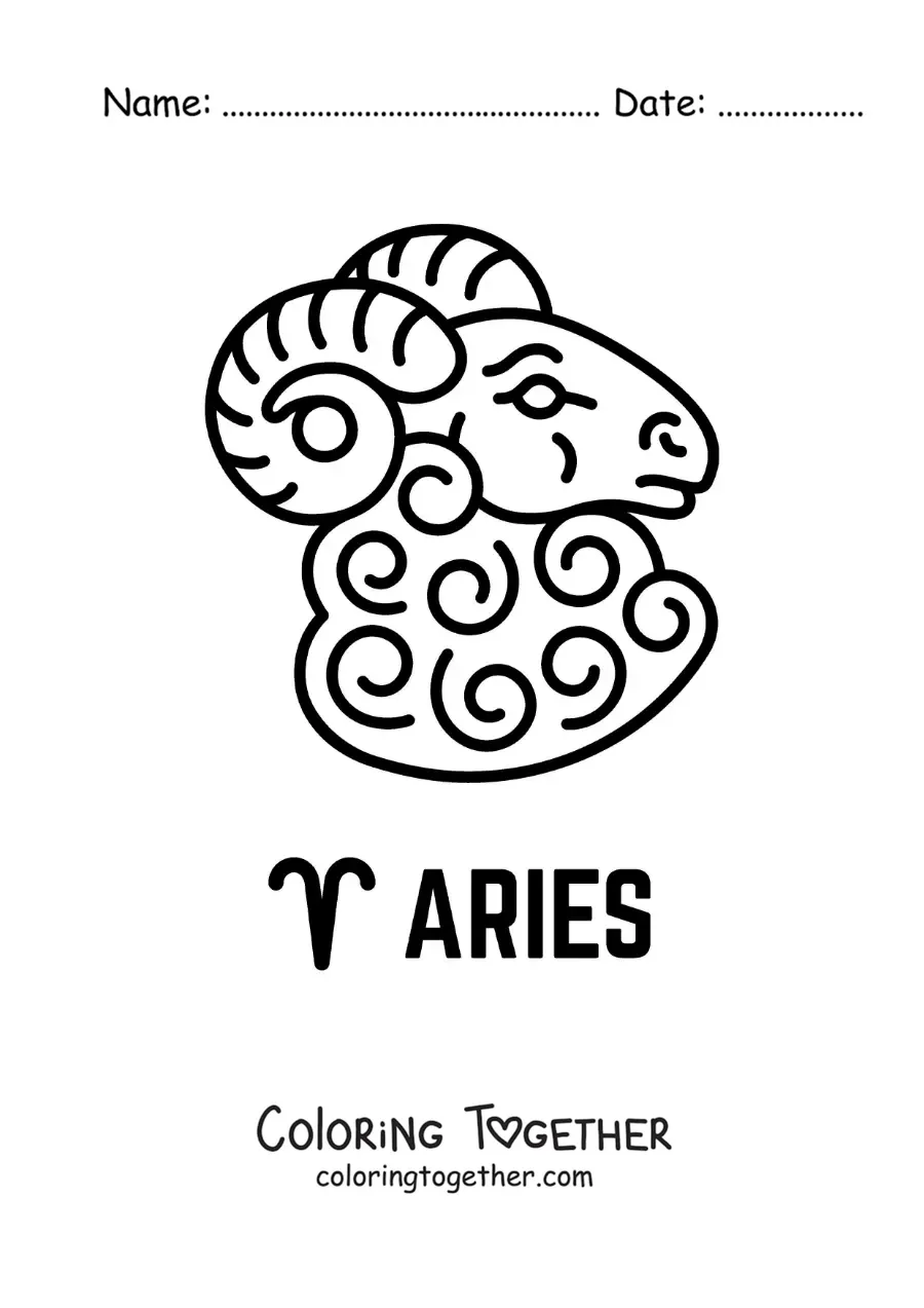 Coloring page of a cartoon ram of Aries with the ram symbol and the name