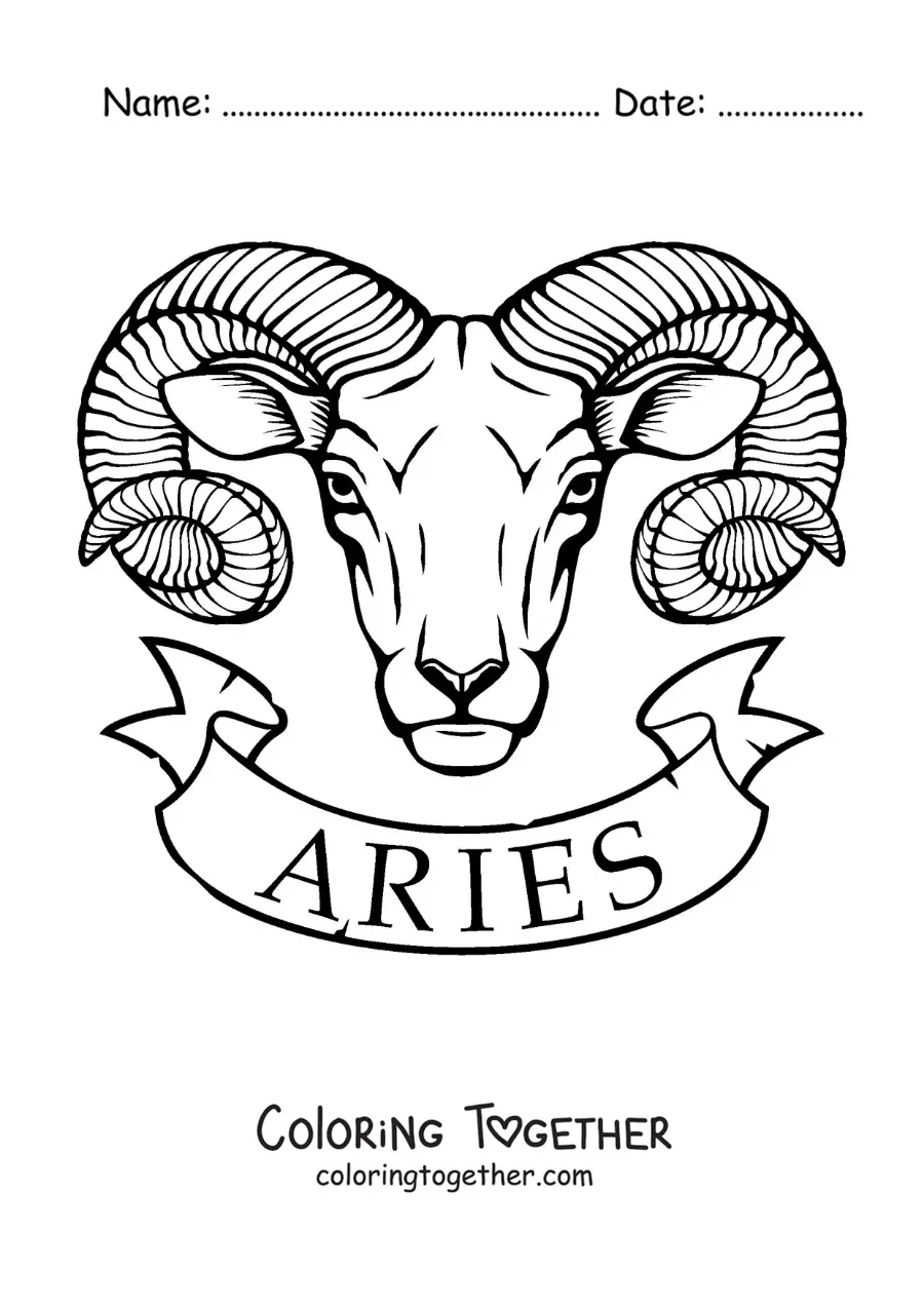 Coloring page of the ram of Aries with the name of the sign