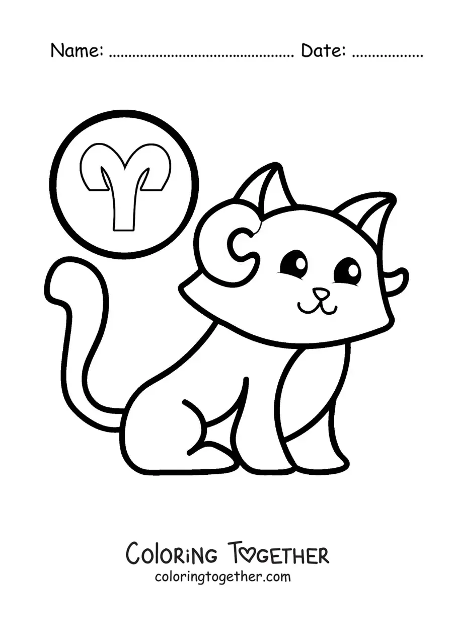 Coloring page of a cartoon Aries sign cat with its symbol