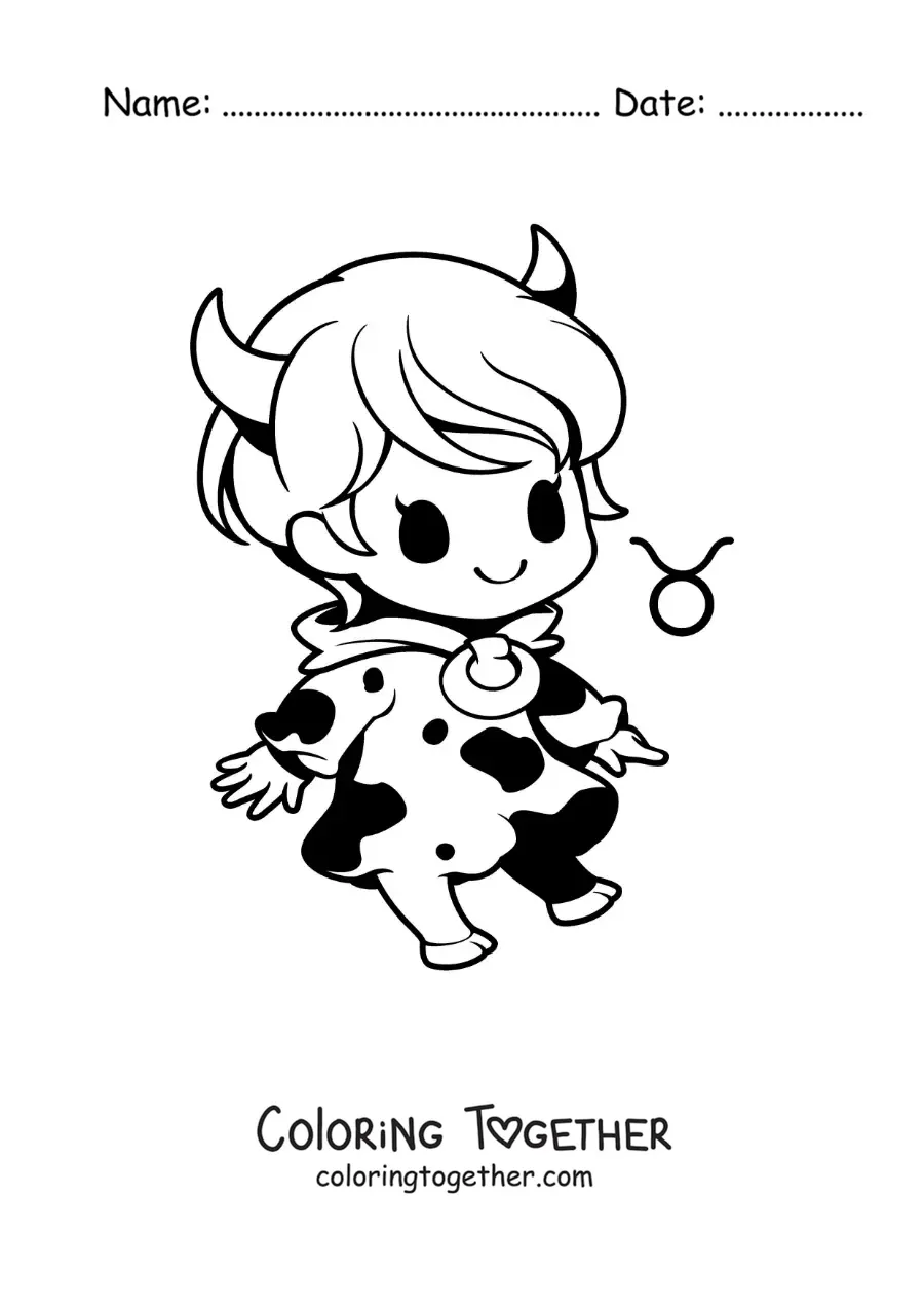 Coloring page of a Taurus sign girl, kawaii cartoon style, with her symbol