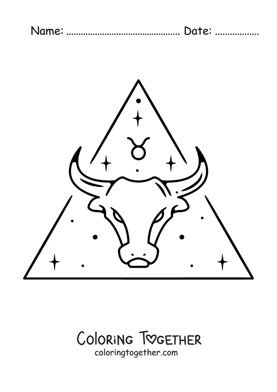 Coloring page of the bull of the Taurus sign with its symbol and stars