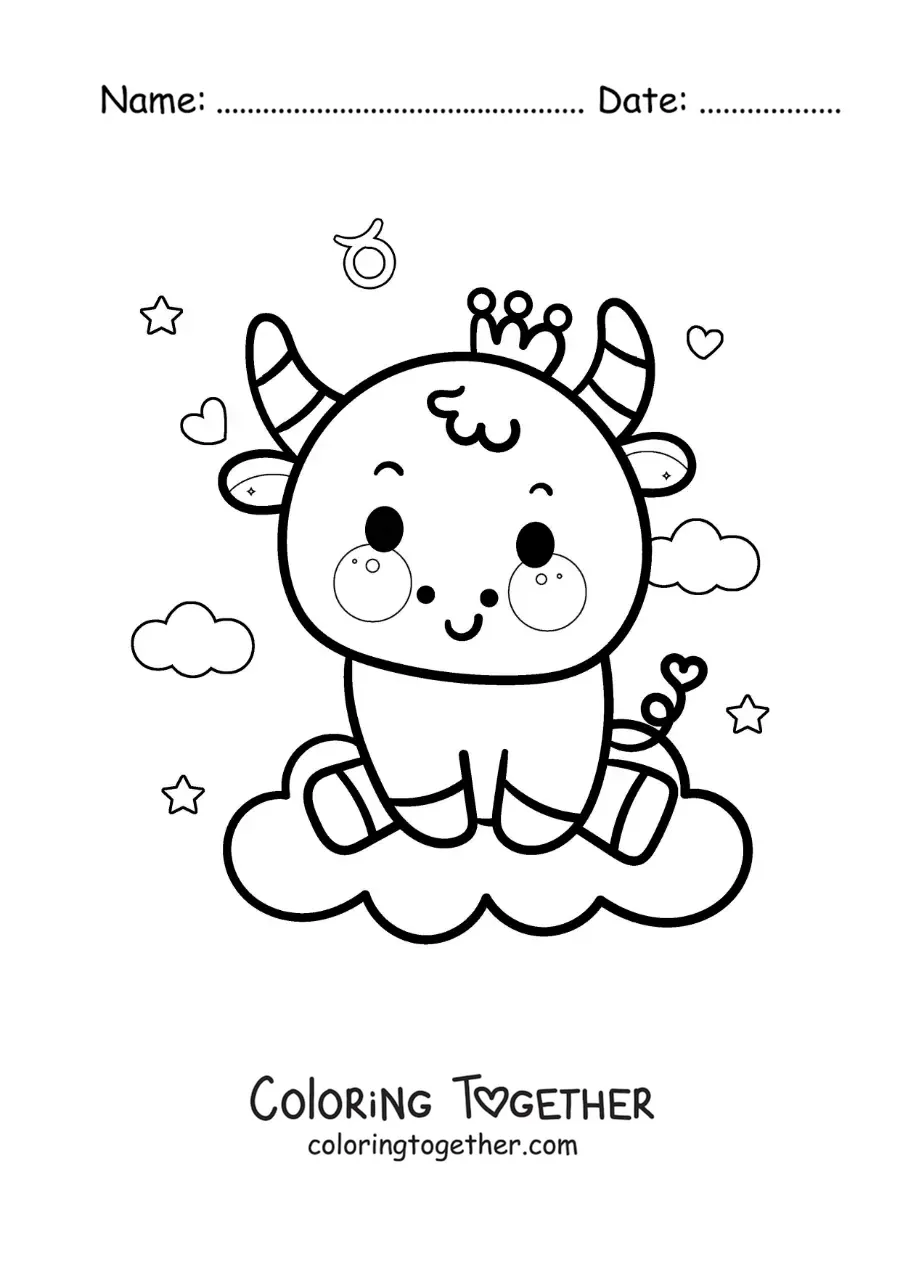 Coloring page of the bull of the Taurus sign, kawaii cartoon style, with its symbol