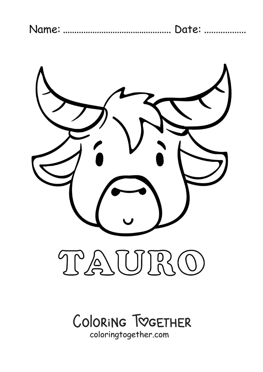 Coloring page of a cartoon bull of the Taurus sign with its name