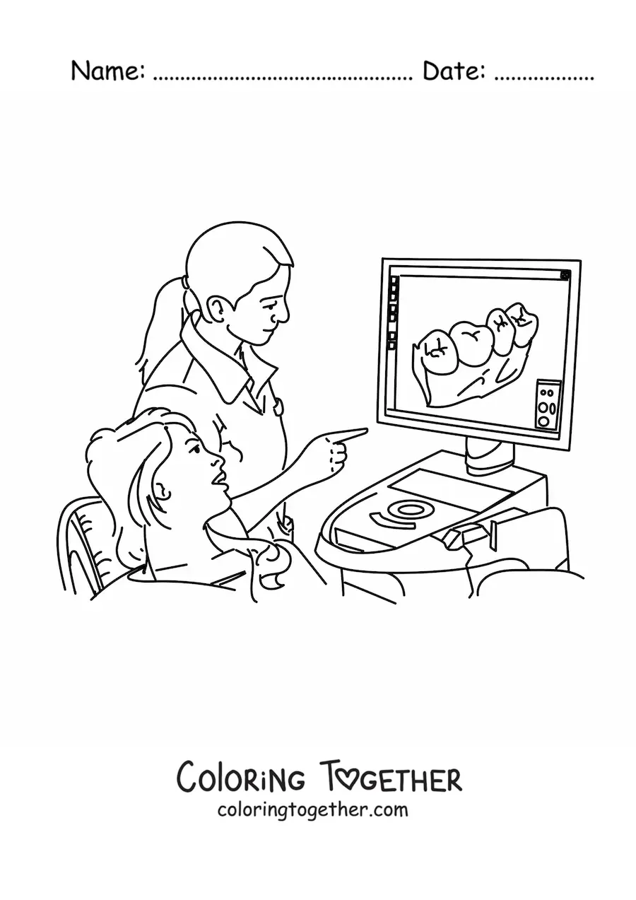 Coloring page of a woman dentist showing a patient their teeth on a screen