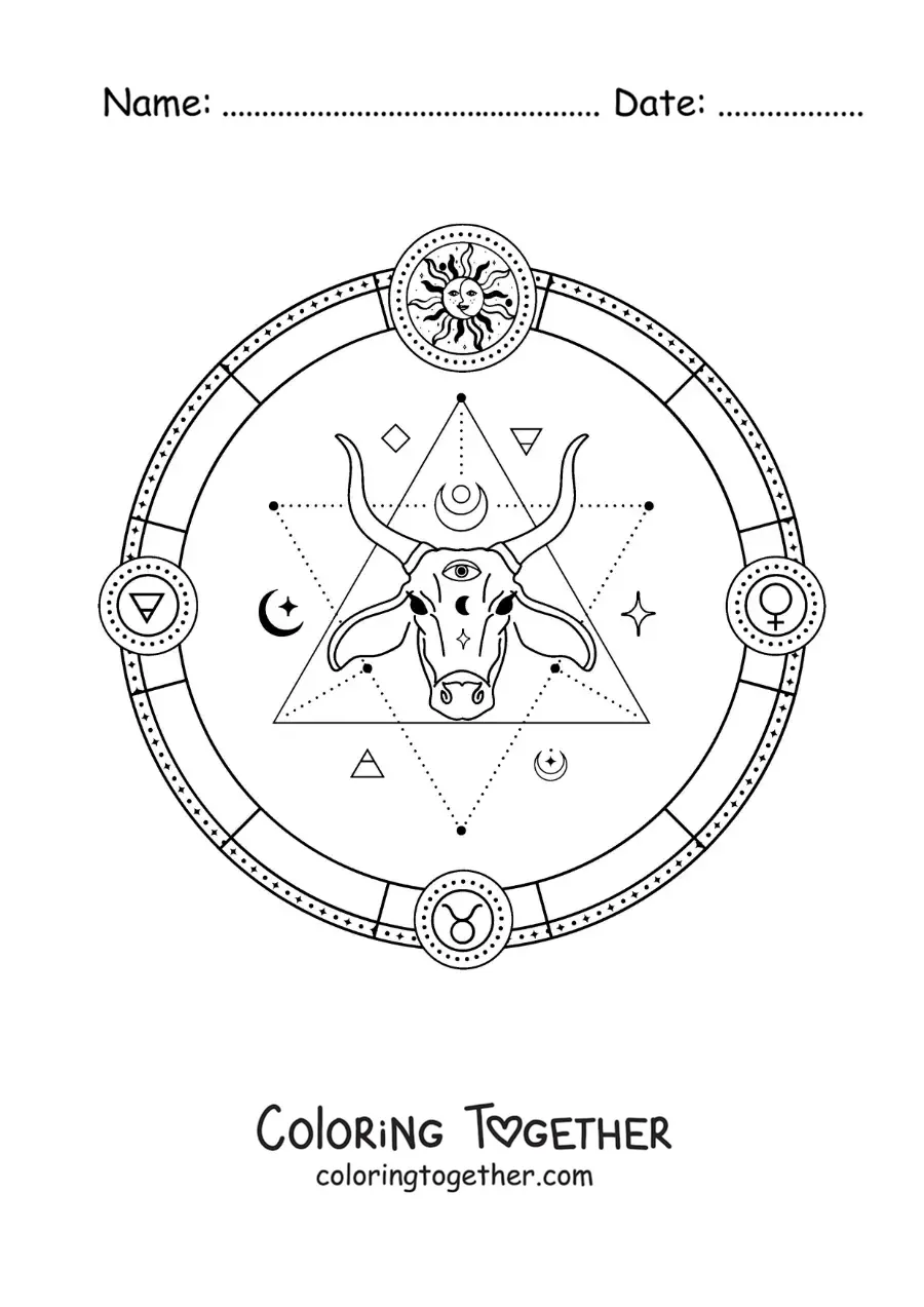 Coloring page of the Taurus zodiac sign with its symbols