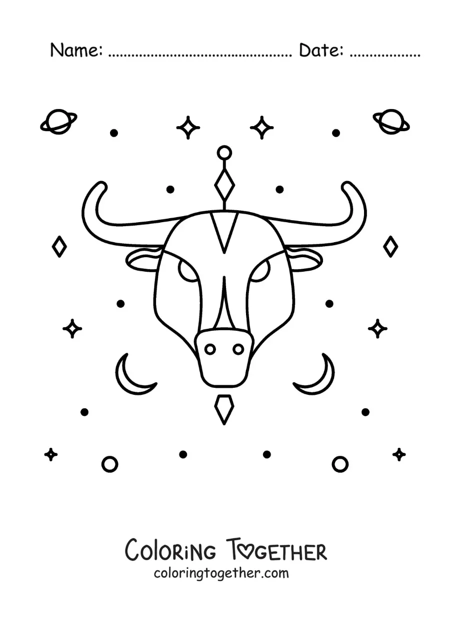 Coloring page of the bull of the Taurus sign with stars and planets