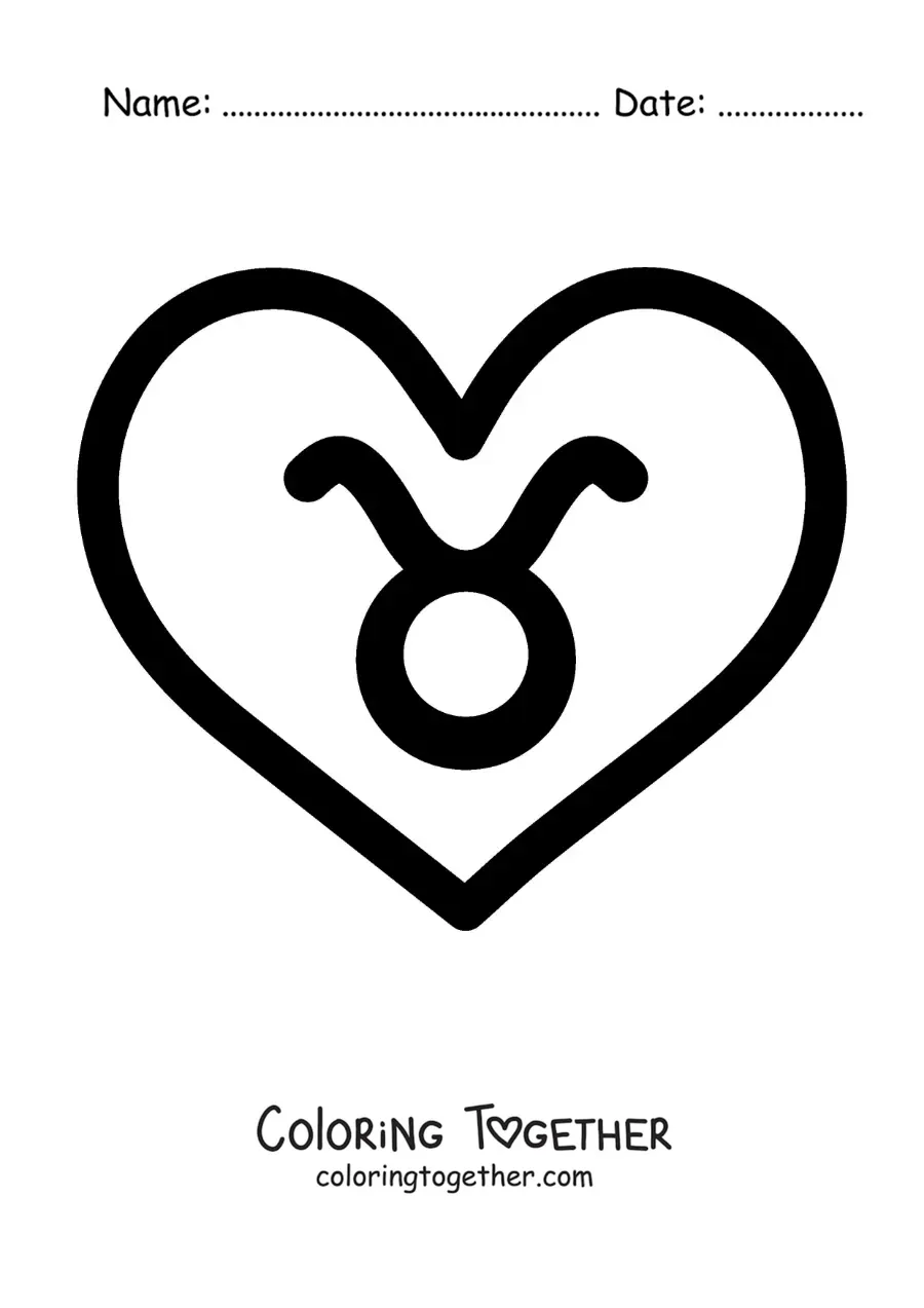 Coloring page of the Taurus symbol inside a heart