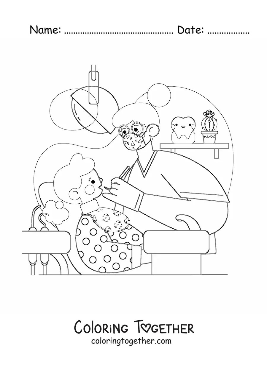Coloring page of a woman dentist treating a girl at the office
