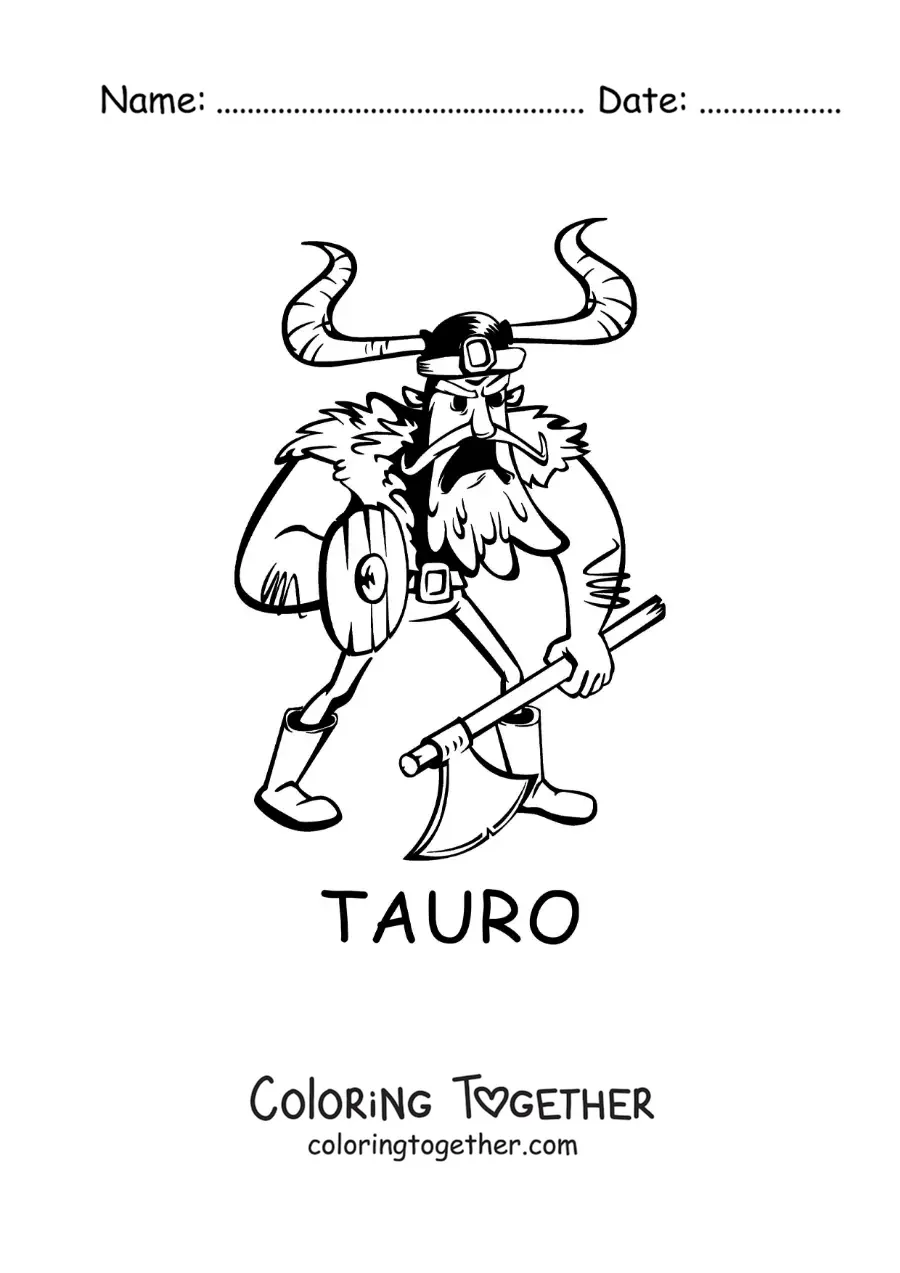 Coloring page of a cartoon Taurus sign viking