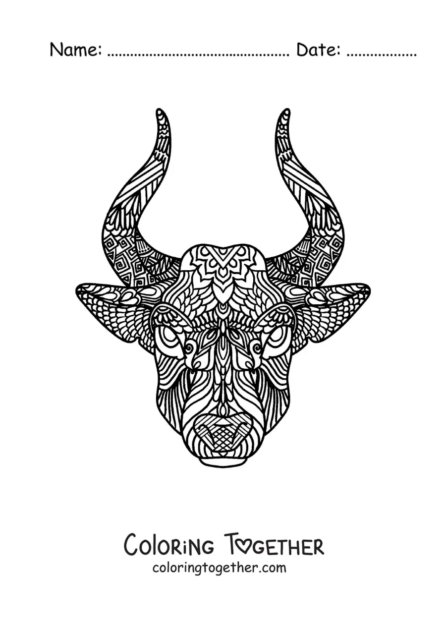 Coloring page of a mandala of the bull of the Taurus zodiac sign