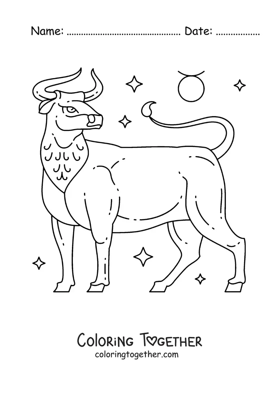 Coloring page of the bull of the Taurus sign and its symbol