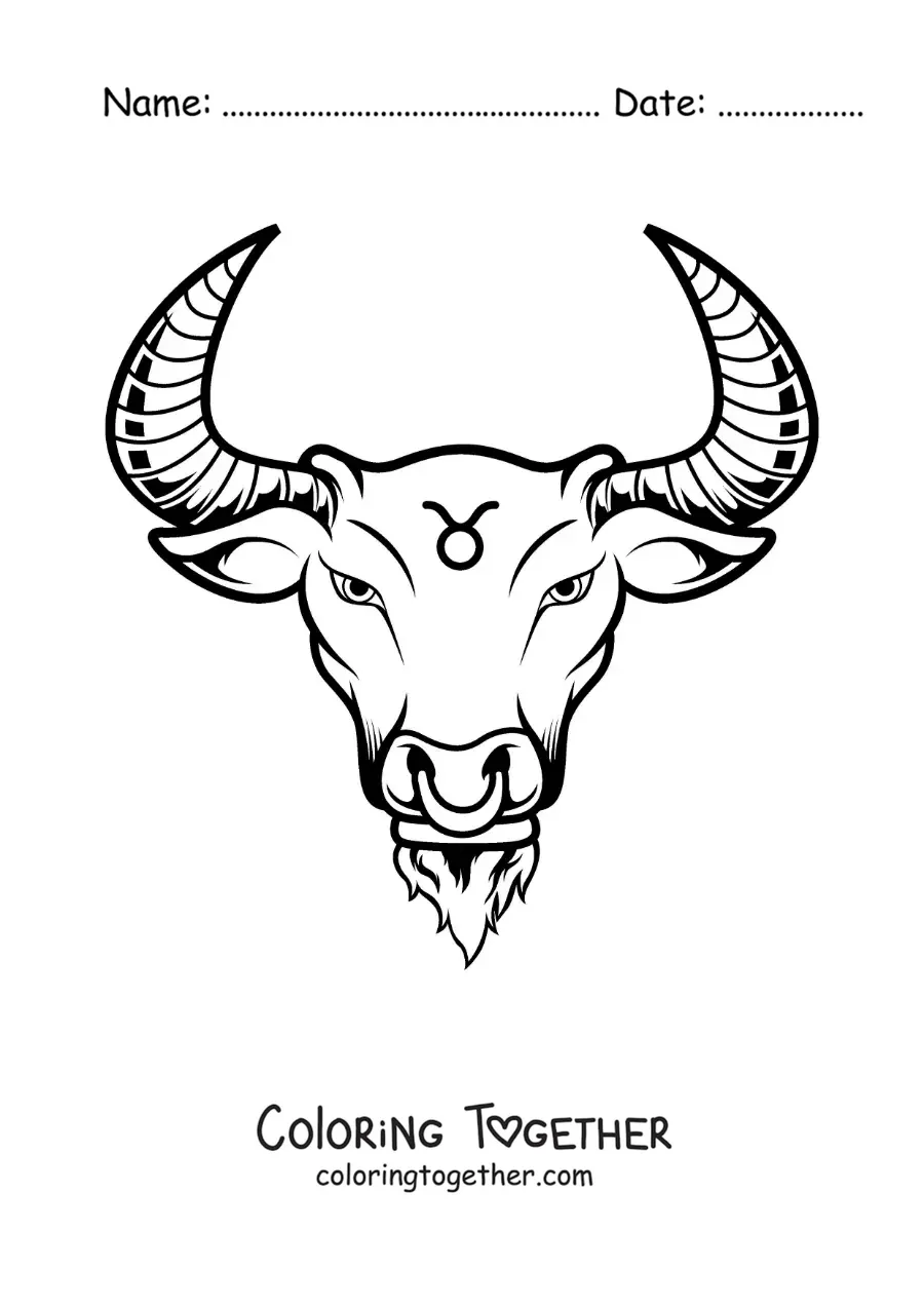Coloring page of the bull of the Taurus sign, realistic, with its symbol