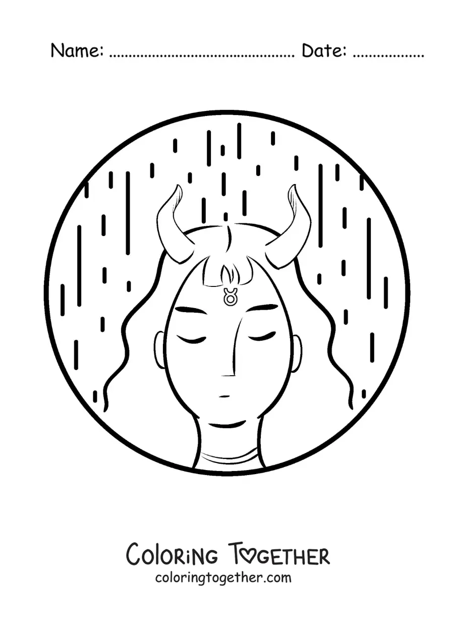 Coloring page of a cartoon Taurus girl with the symbol of the sign