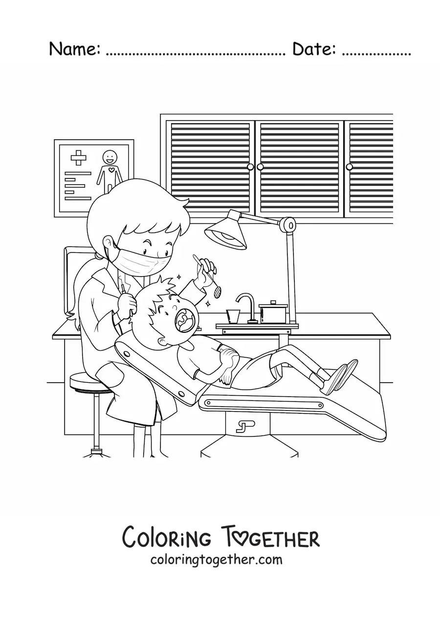Coloring page of a woman dentist and a boy at the dental office