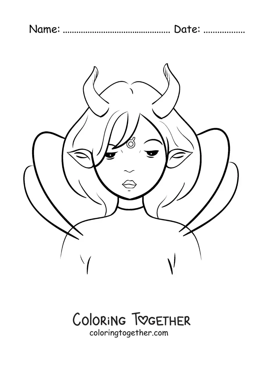 Coloring page of a cartoon Taurus sign girl, fantasy style