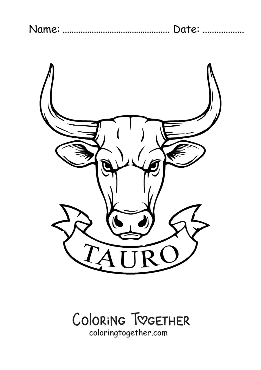 Coloring page of the bull of Taurus with the name of the sign