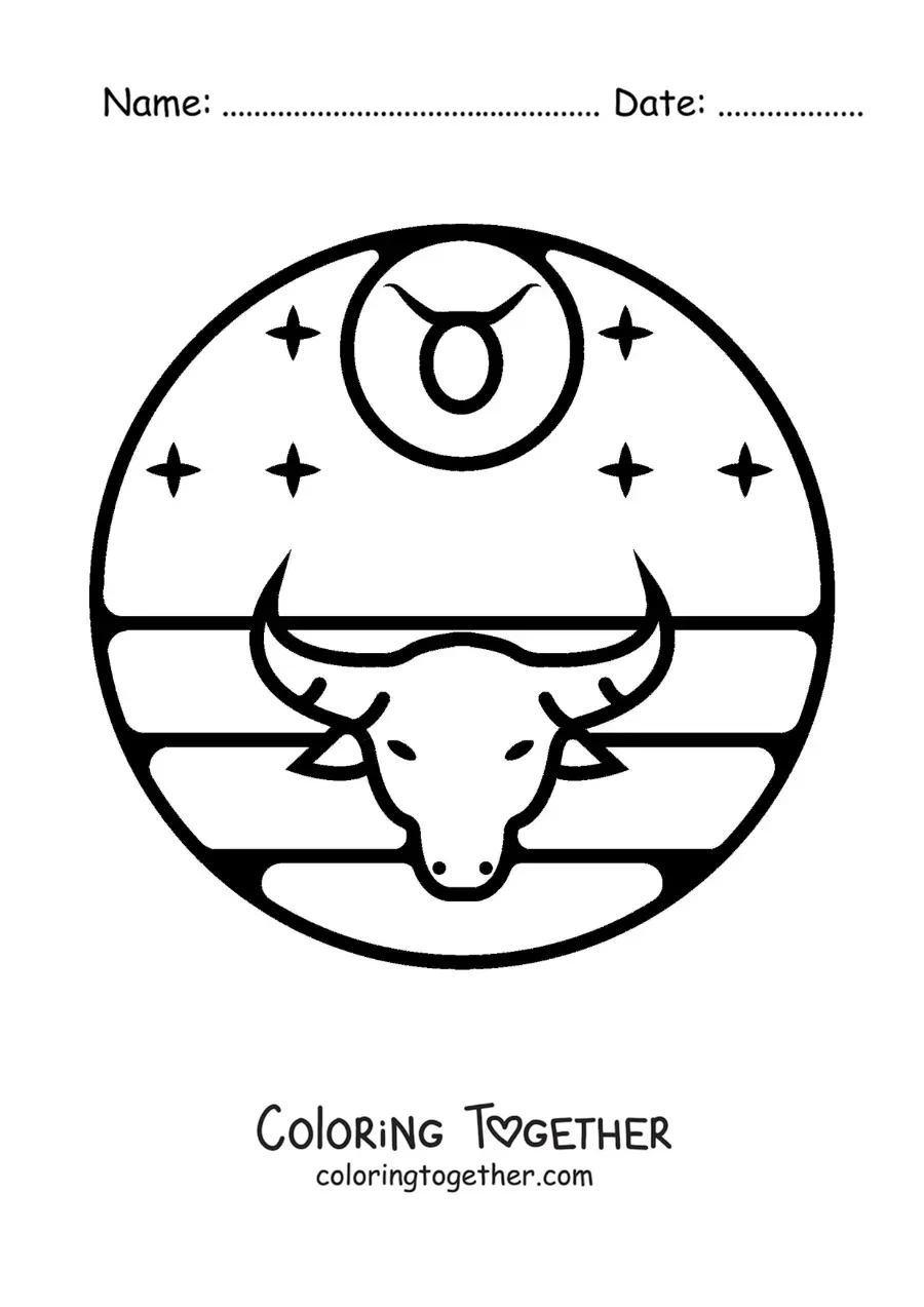 Coloring page of the bull of Taurus with the symbol of the sign