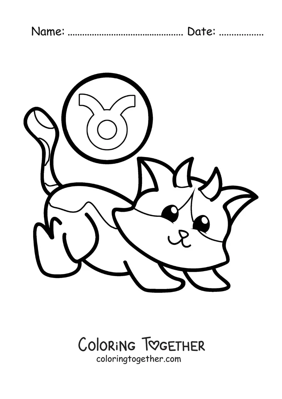 Coloring page of a cartoon Taurus sign cat with its symbol