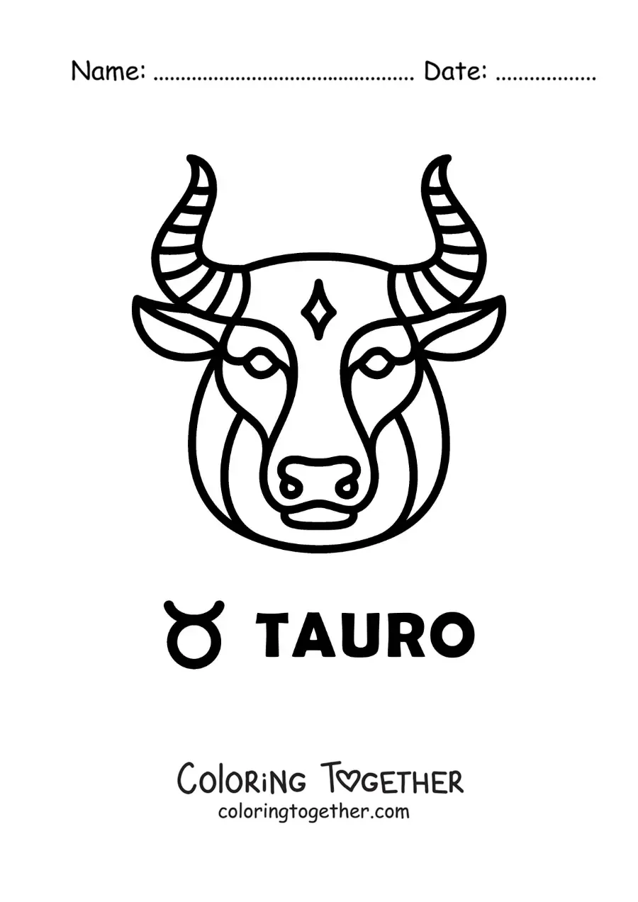 Coloring page of an easy bull of Taurus with the symbol of the sign