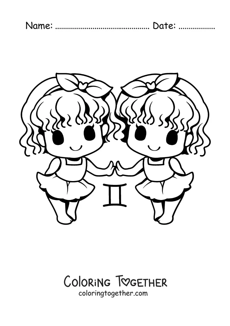 Coloring page of twin girls of the Gemini sign, kawaii cartoon style