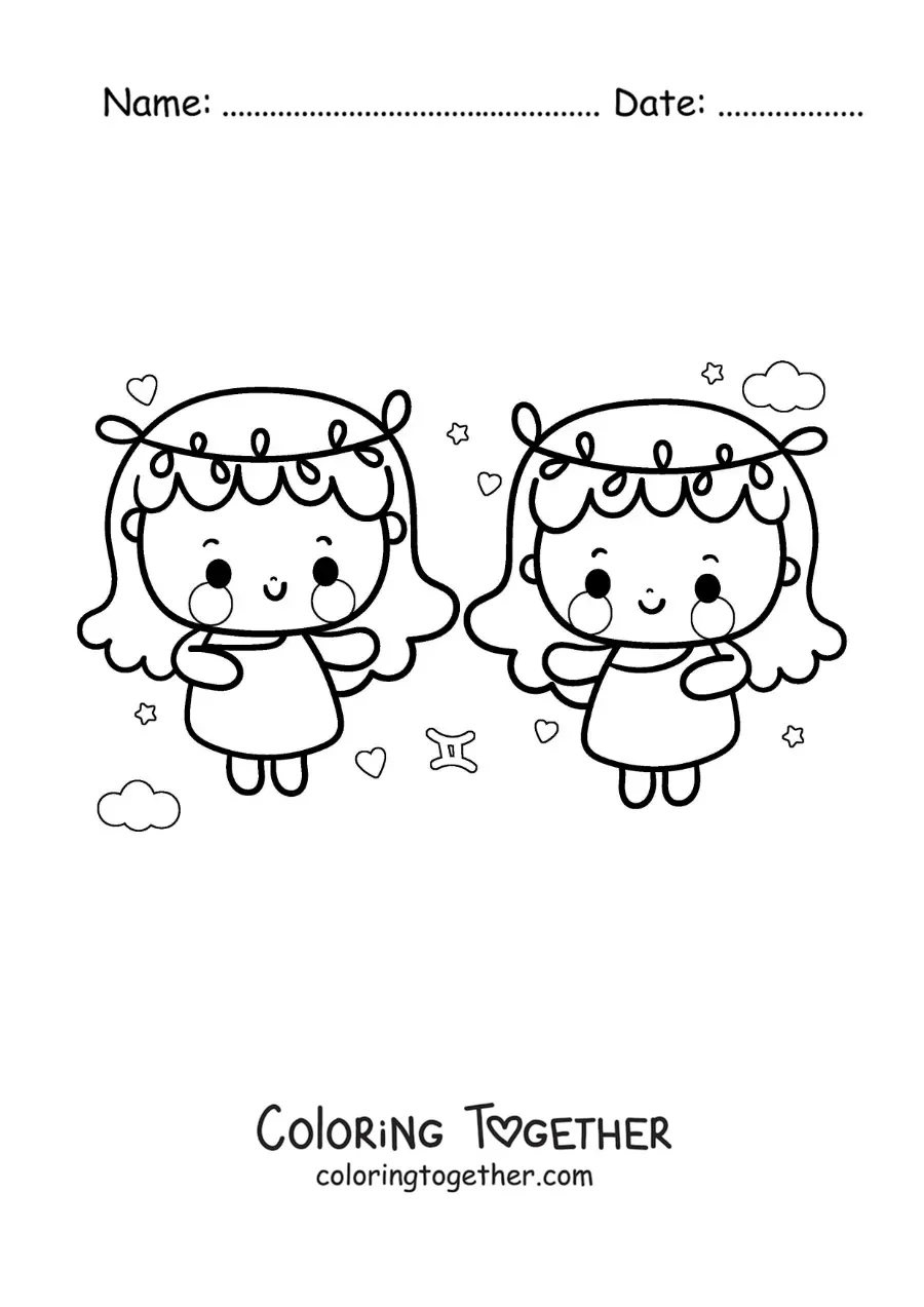 Coloring page of twin girls of the Gemini sign, kawaii style, with their symbol