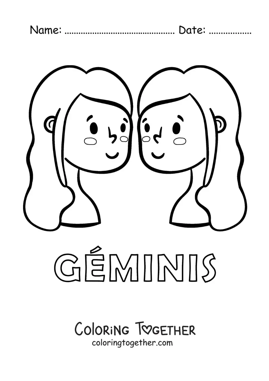 Coloring page of cartoon twin girls of Gemini with the name of the sign