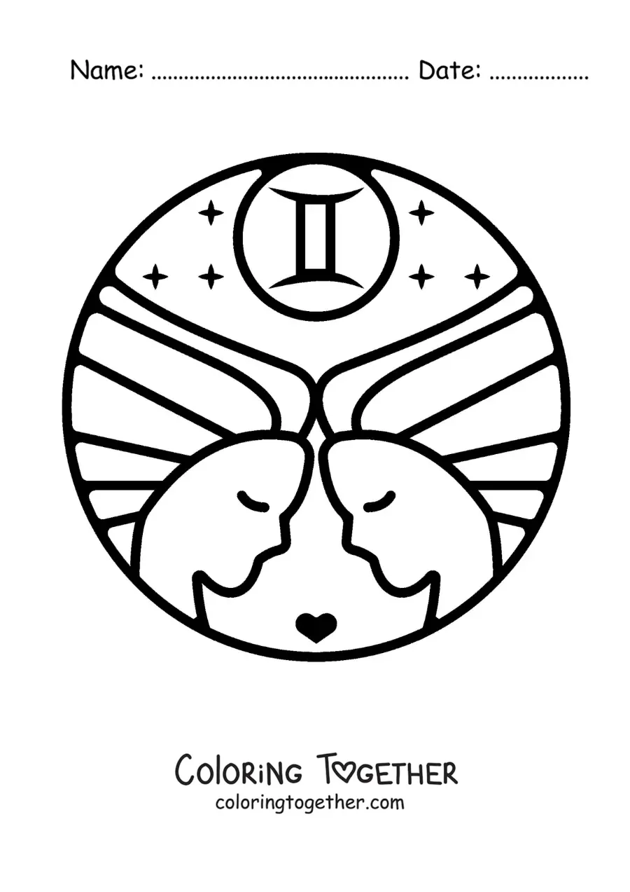 Coloring page of easy cartoon twin girls of the Gemini sign with a heart