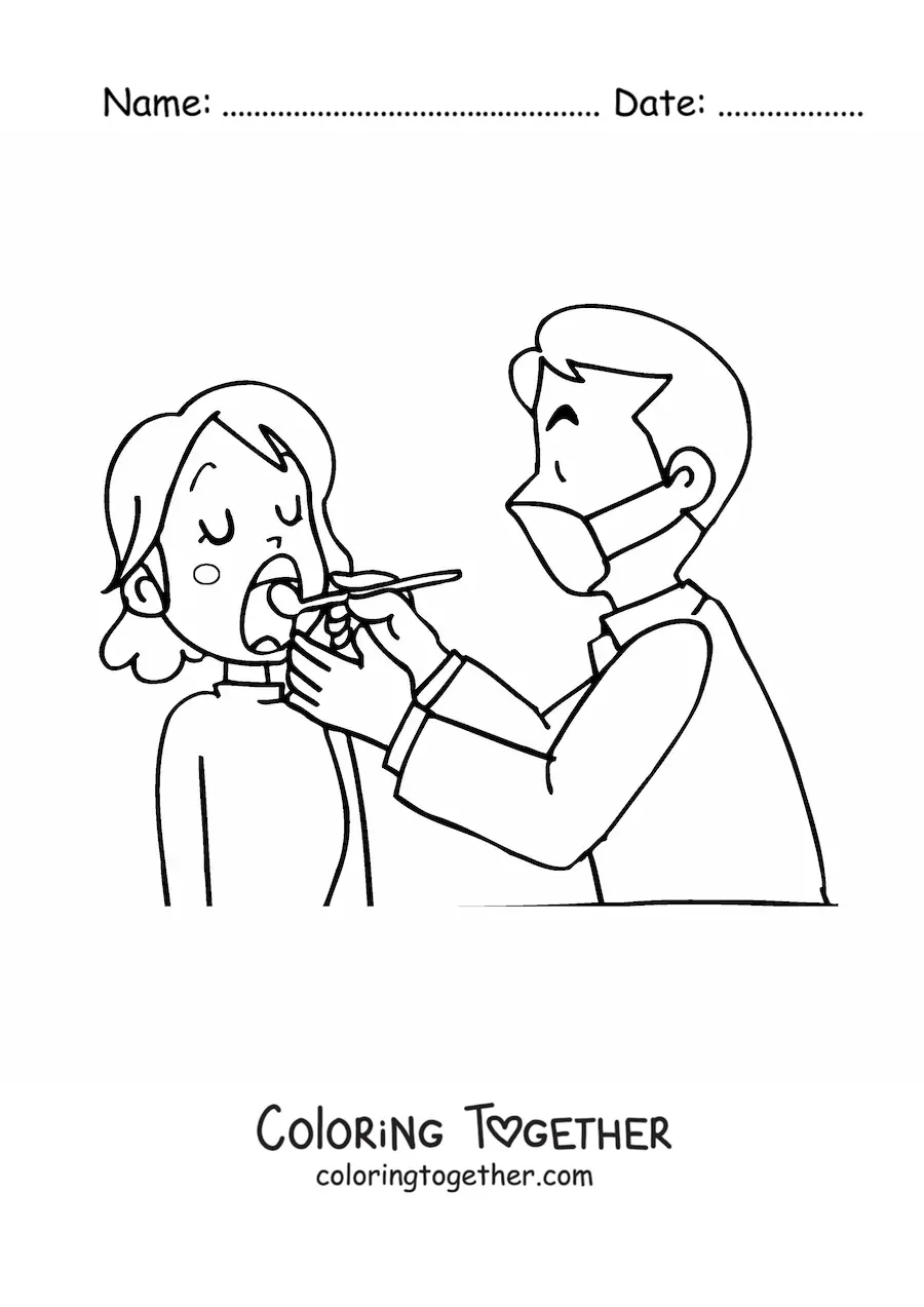 Coloring page of an animated dentist and their patient with an open mouth