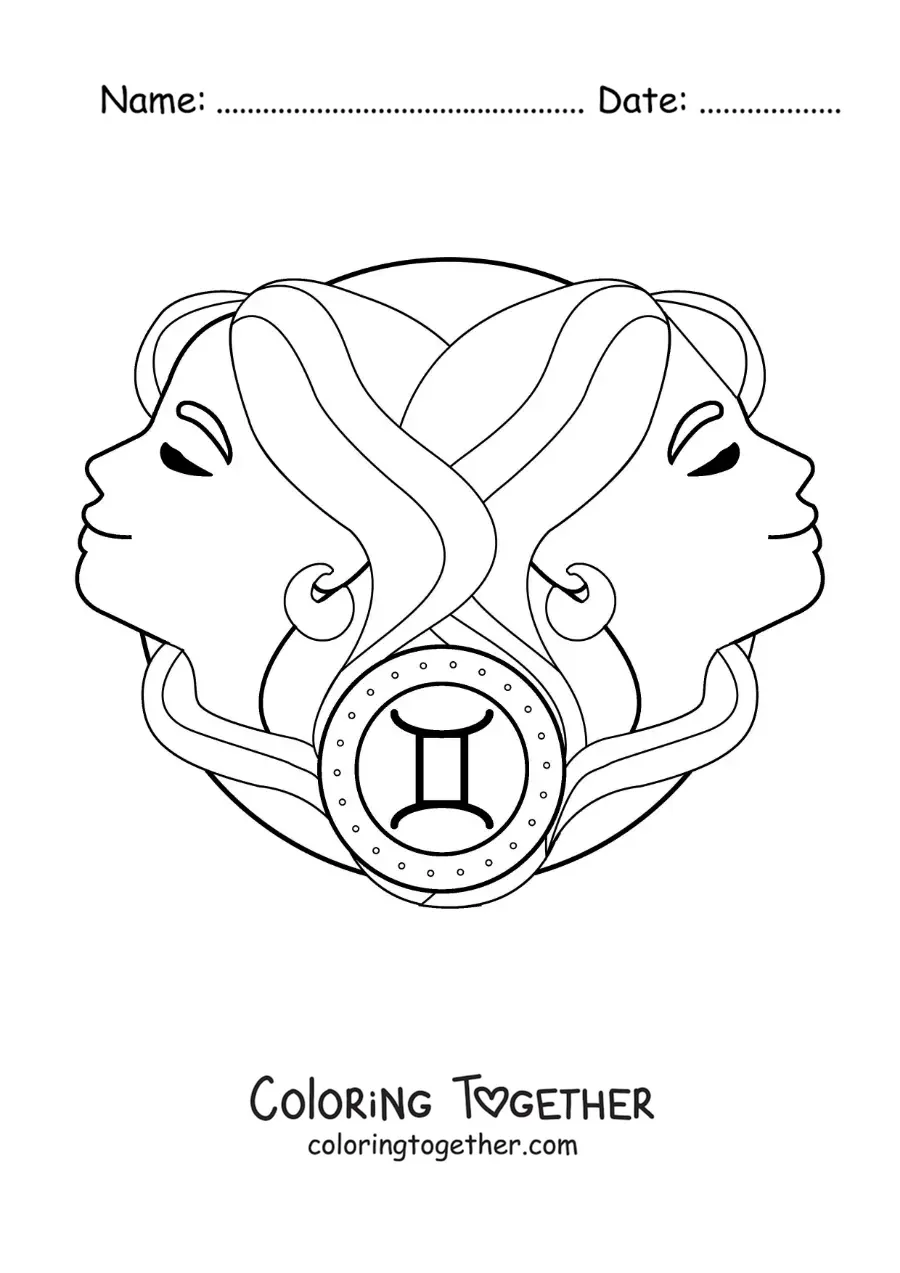 Coloring page of girls of the Gemini sign with their symbol