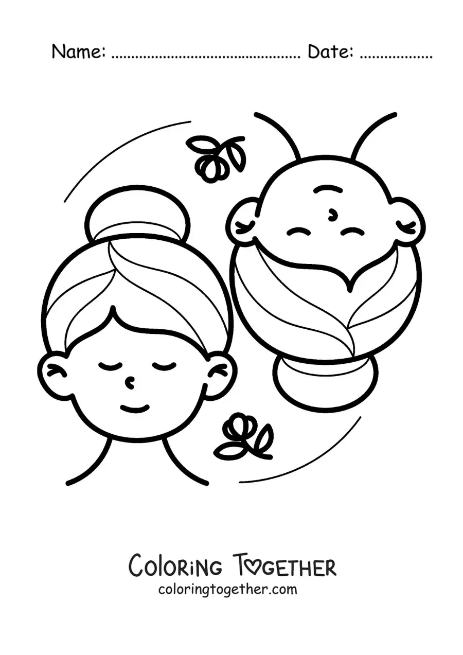 Coloring page of cartoon girls of the Gemini sign with flowers