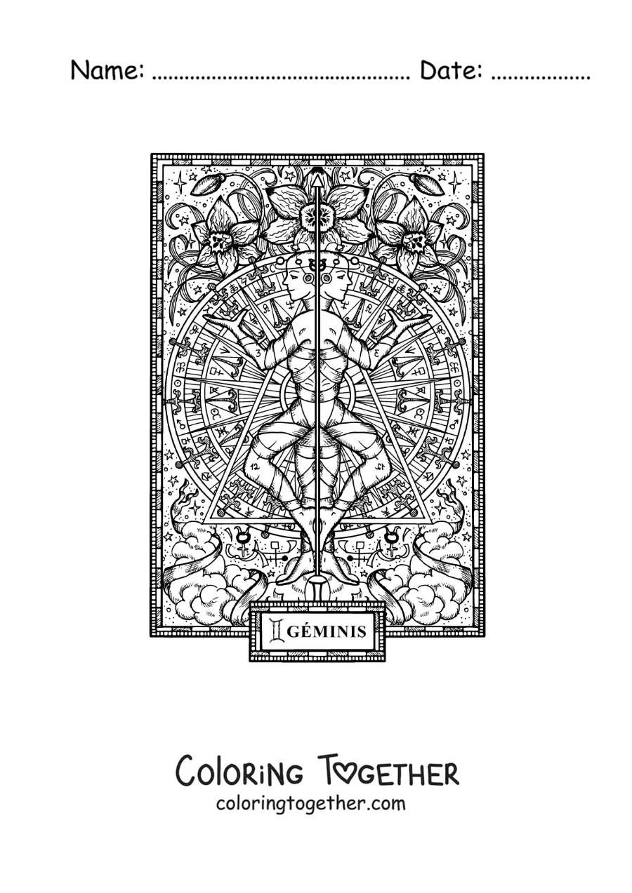 Coloring page of a card of the Gemini zodiac sign
