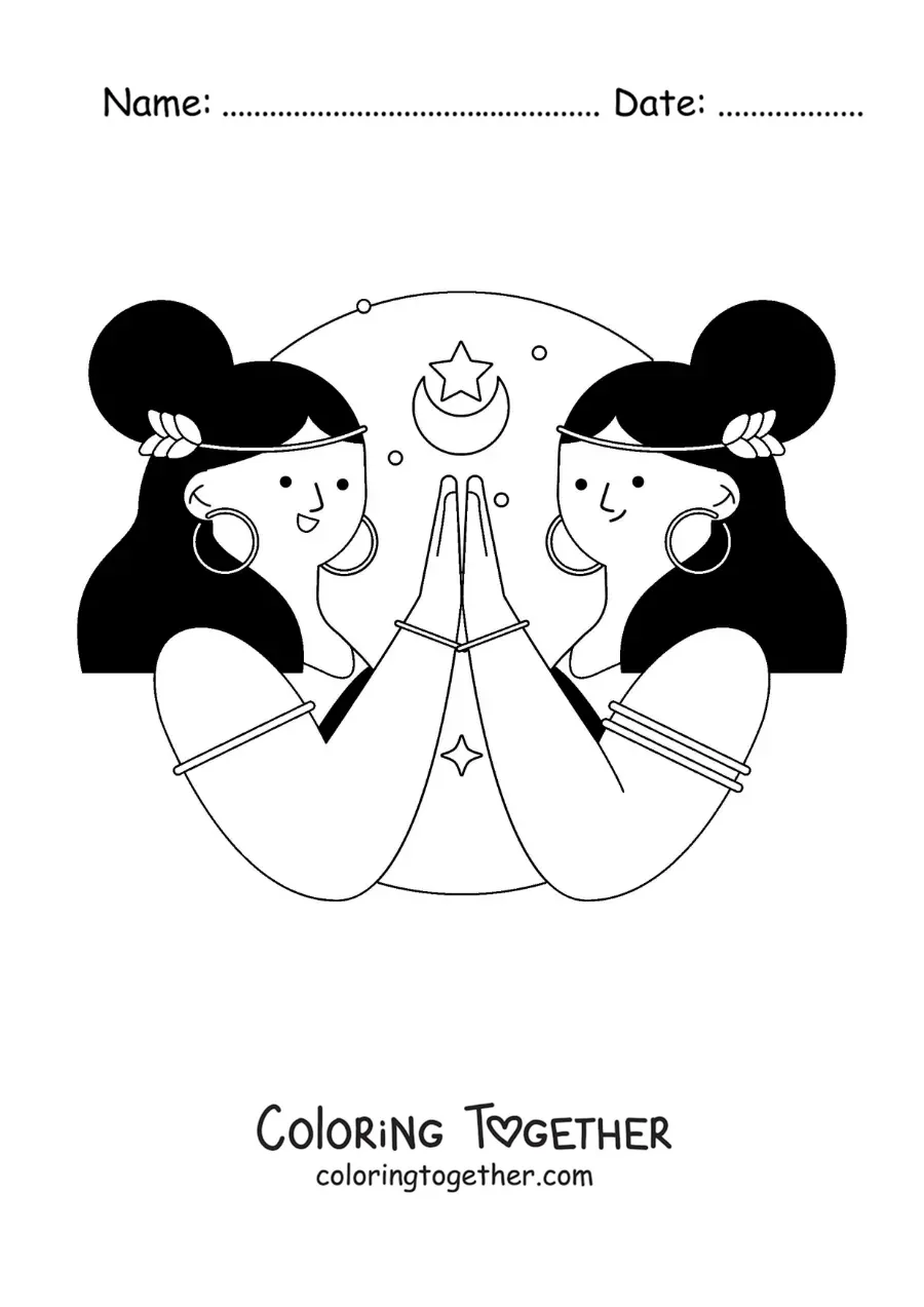 Coloring page of two cartoon girls of the Gemini sign