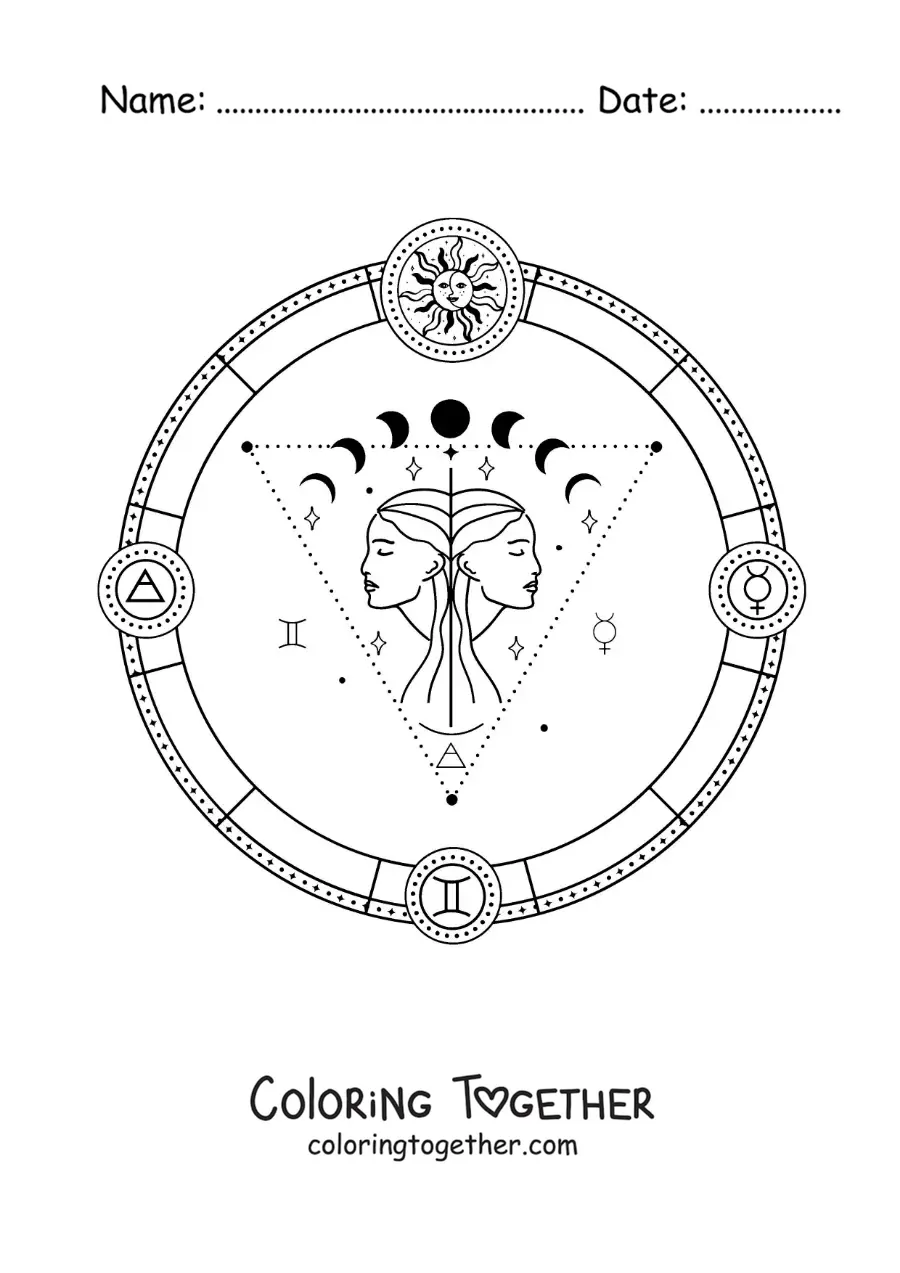 Coloring page of the symbols of the Gemini zodiac sign