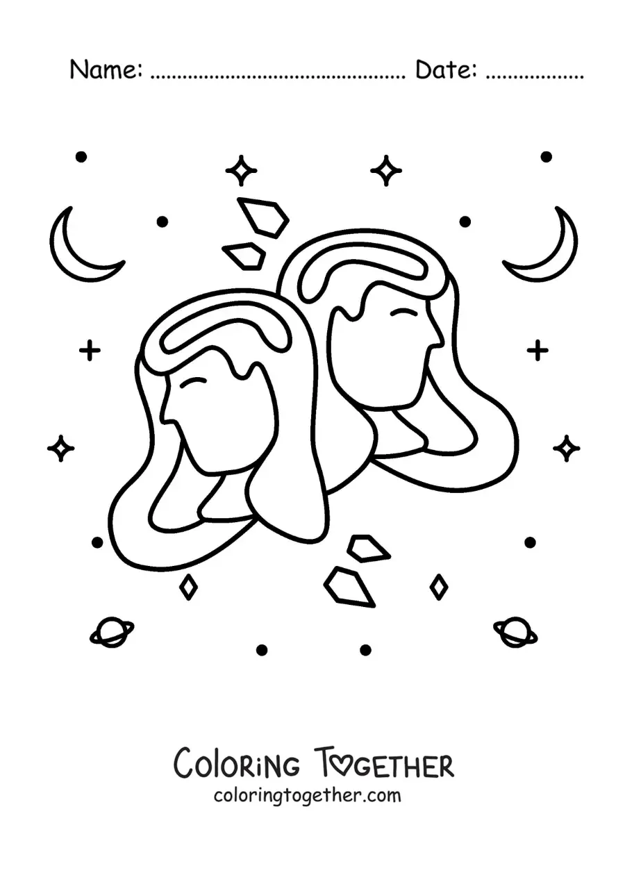 Coloring page of girls of the Gemini sign with stars and planets