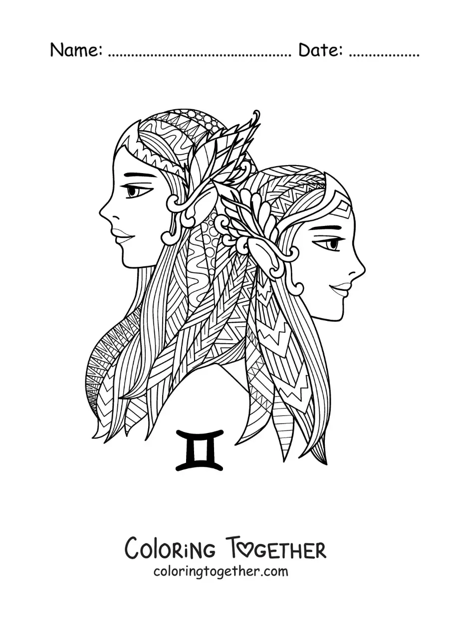 Coloring page of a mandala of girls of the Gemini zodiac sign