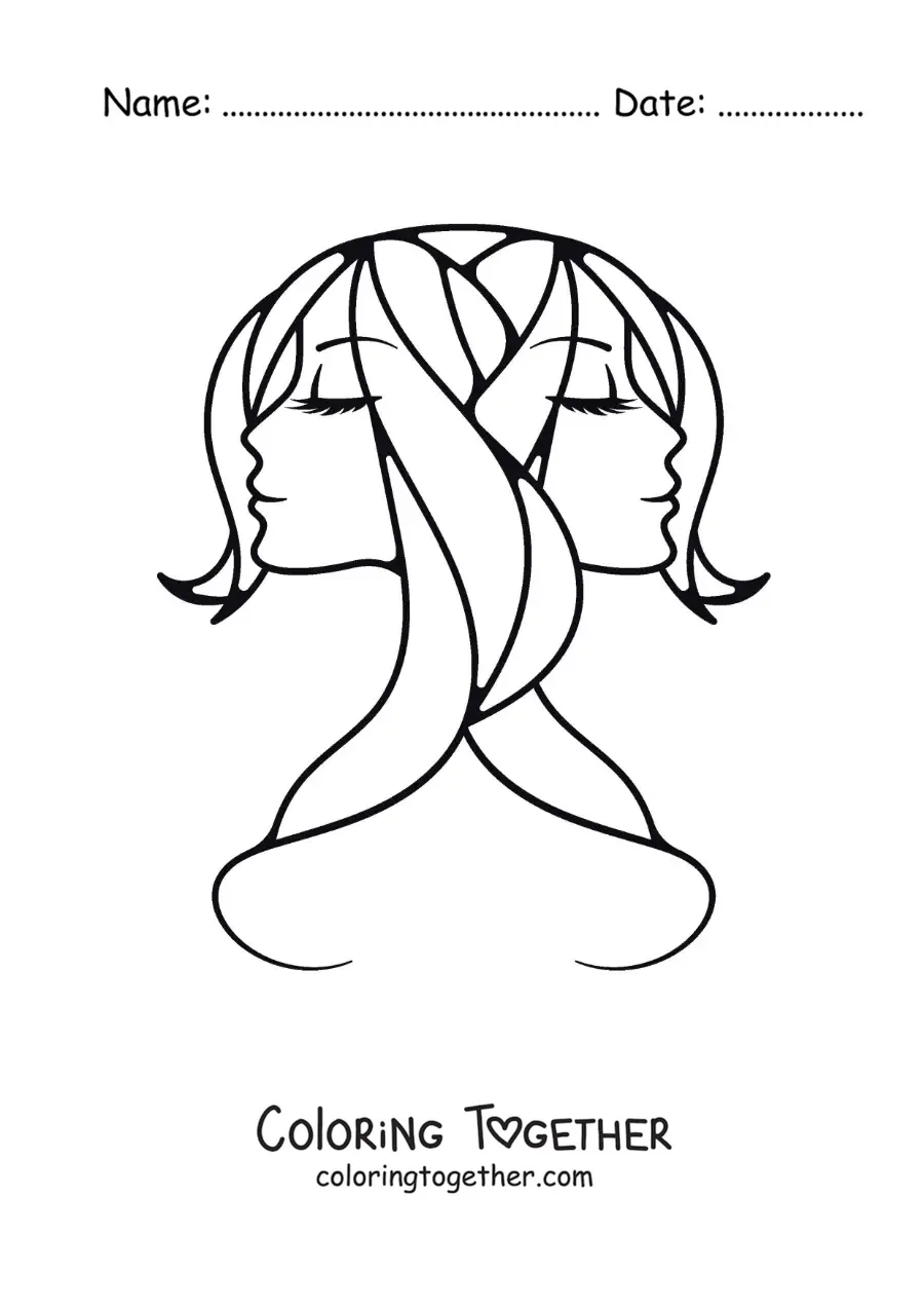 Coloring page of the face of the twins of Gemini