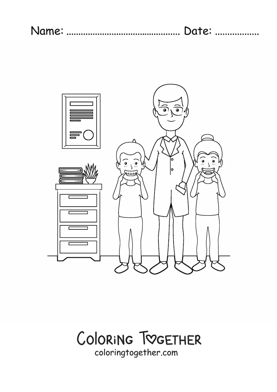Coloring page of a children's dentist and two children