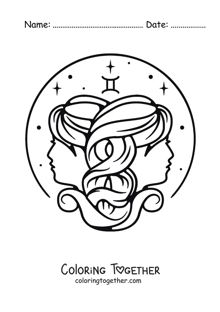 Coloring page of the twins of Gemini with their symbol